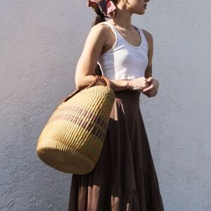 SOLD African Bolga Market Basket - Handwoven Ghana Straw Tote Leather Handles